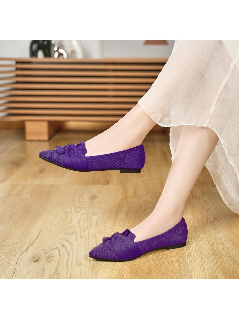 Women's Purple Pointed Toe Ballet With Bow Comfortable Knit Dressy Flats Shoes - Picture 3 of 7